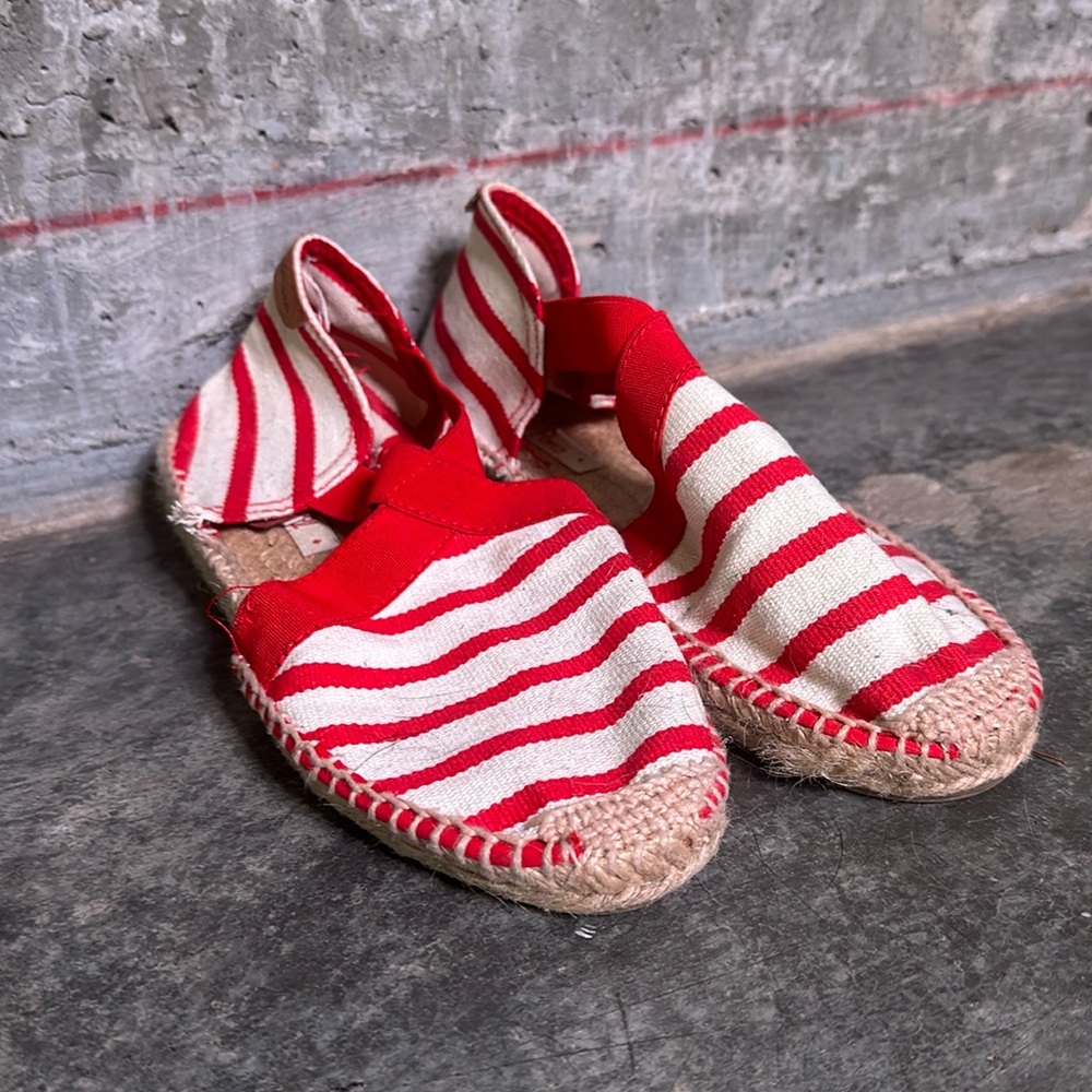 Red/white stripe espadrille slides